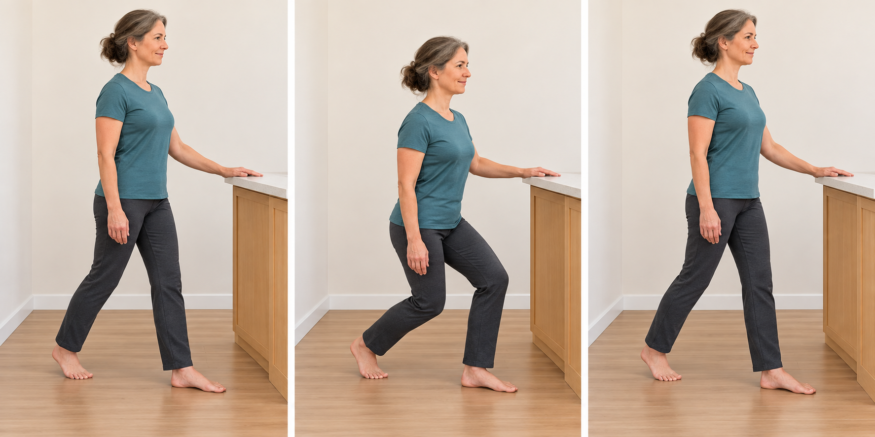 Three-step supported split squat review sequence showing setup, lower and rise.