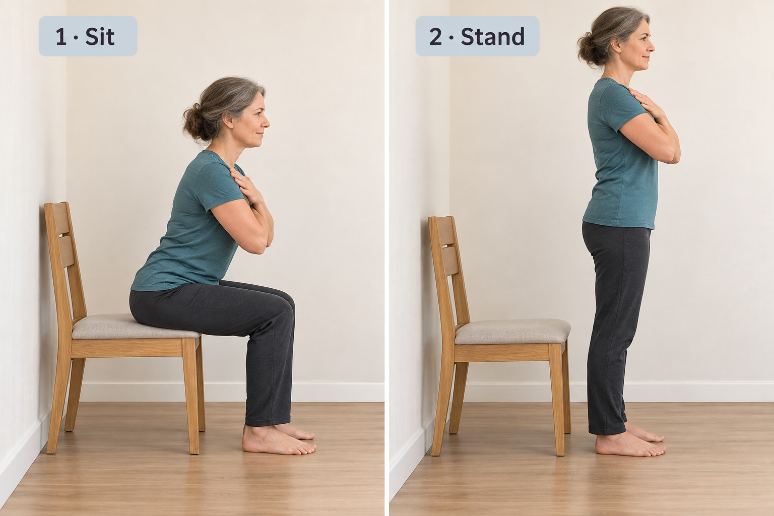 Two-step chair rise review sequence from sitting to standing.